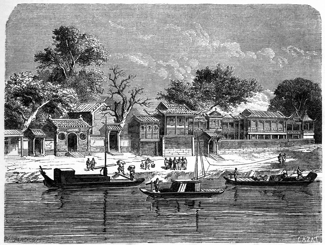 Palass designet for de franske misjonærene i Tien Tsin (Tien-Tsin, Tianjin), Kina. Gravering av Lancelot, i "" Le Tour du Monde, Nouveau journal des Voyages", redigert av Edouard Charton, Paris av Dieudonne Auguste Lancelot