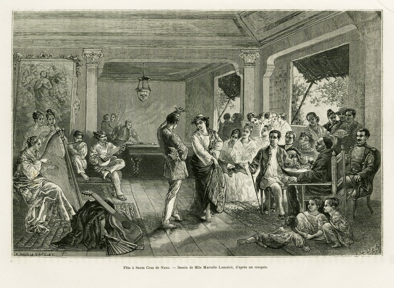 Fest en Santa Cruz de Nano. Gravering av Lancelot for å illustrere historien Lucon og Palaouan, seks år på Filippinene, av Alfred Marche (1844-1898), i le tour du monde 1886, regissert av Edouard Charton (1807-1890), Hachette, Paris. av Dieudonne Auguste Lancelot