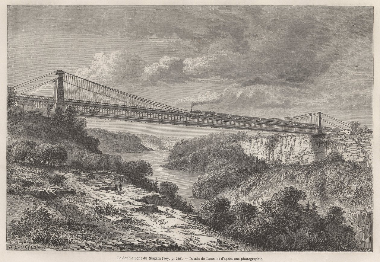 Niagara Double Bridge, tegning av Lancelot, for å illustrere L. Devilles reiser til Nord-Amerika i 1854-55. Gravering i “” Le tour du monde”” 1861. Selvas samling. av Dieudonne Auguste Lancelot