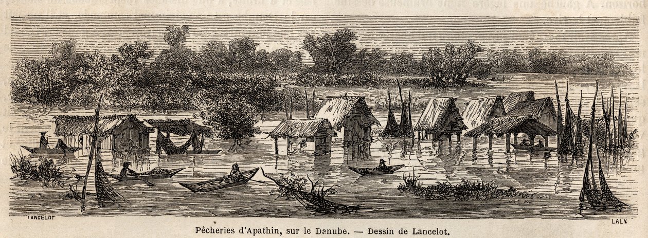 Fiskene i Apathin (Serbia), ved Donau. Tegning av Lancelot, for å illustrere hans reise fra Paris til Bucuresti i 1860. Gravering i "" Le tour du monde"", redigert av Edouard Charton av Dieudonne Auguste Lancelot