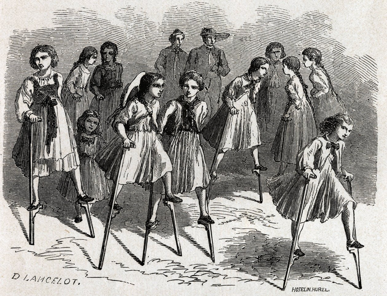 Spillet av echasse ved Ulm, designet av Lancelot, for å illustrere Victor Duruys reise fra Paris til Bucuresti i 1860. Gravering i "" Le tour du monde", redigert av Edouard Charton av Dieudonne Auguste Lancelot