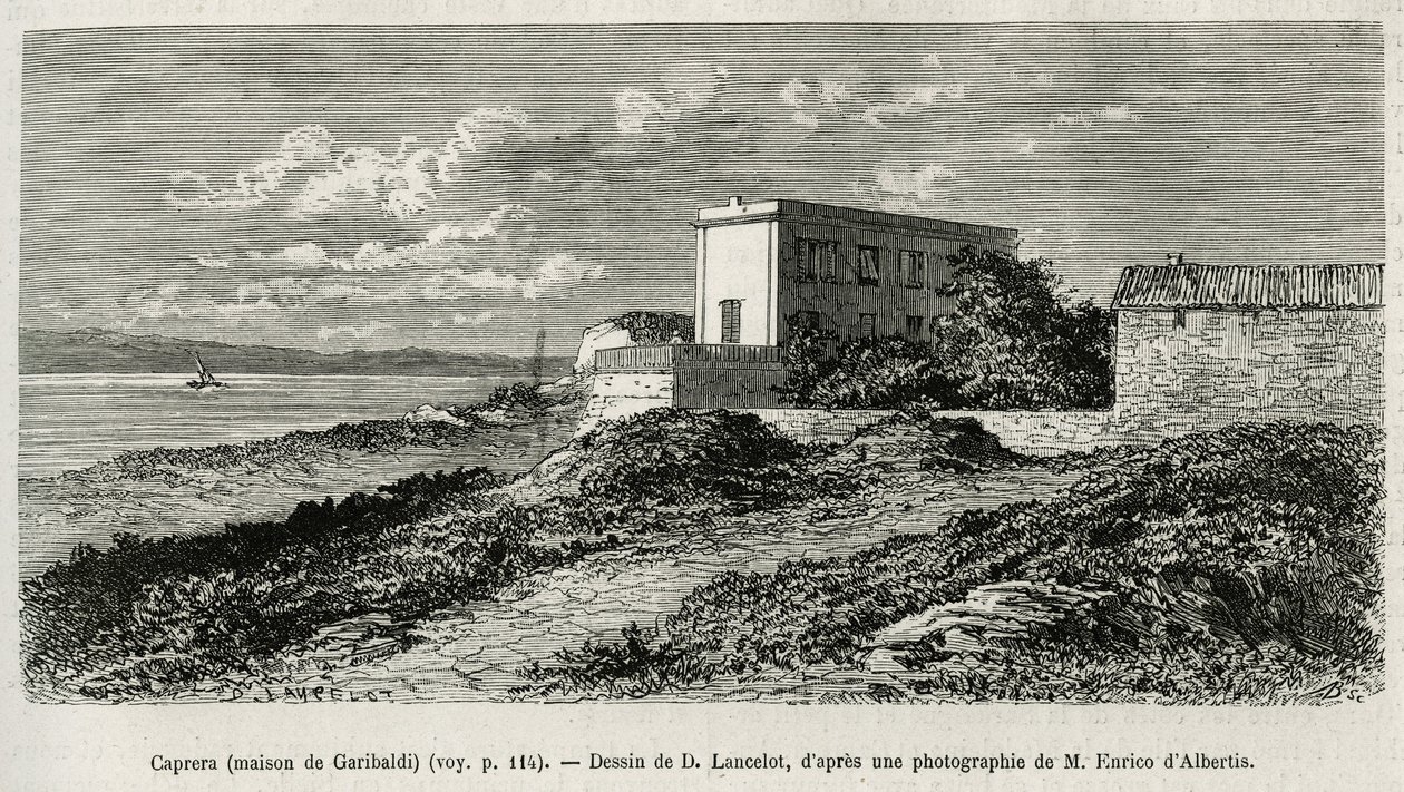 Huset til Giuseppe Garibaldi (1807-1882) i La Caprera (Sardinia), gravert etter en tegning av D.Lancelot, for å illustrere historien om Syria i dag, av Mr. Lortet, dekan ved Det medisinske fakultet i Lyon, siktet for et vitenskapelig oppdrag fra departemen av Dieudonne Auguste Lancelot