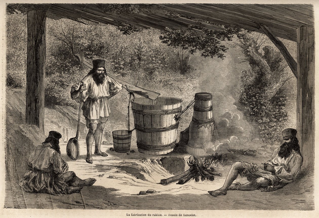 Produksjon av rakiou, kornalkohol, slags snaps veldig vanlig i Romania. Gravering for å illustrere reisen fra Paris til Bucuresti, av Lancelot, tegner, i 1860, publisert i "Le tour du monde, nouveau journal des voyages", under instruksen av Dieudonne Auguste Lancelot