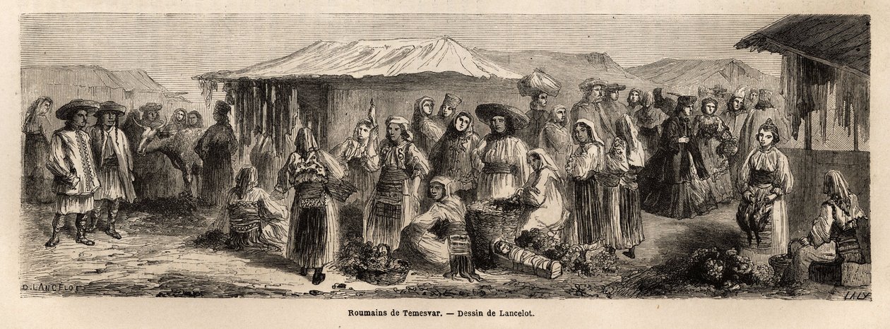 Den gående befolkningen i Tesmevar (eller Timisoara) i Romania. Gravering for å illustrere reisen fra Paris til Bucuresti, av Lancelot, tegner, i 1860, publisert i "Le tour du monde, nouveau journal des voyages", under ledelse av Edouard Charton av Dieudonne Auguste Lancelot