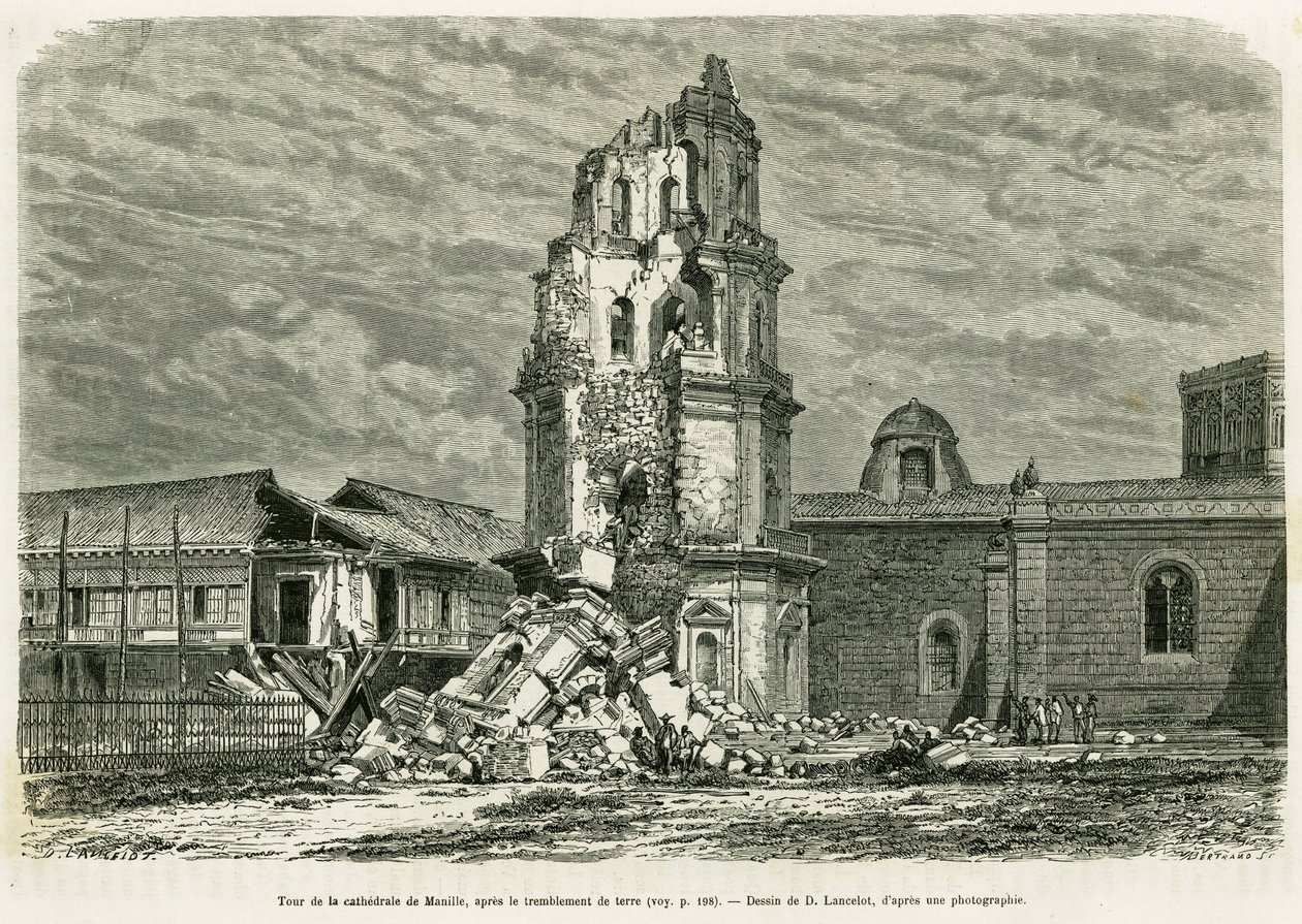 Tower of the Cathedrale of Manila, etter jordskjelvet 18. juli 1880. Gravering av Lancelot for å illustrere historien Lucon og Palaouan, seks år på Filippinene, av Alfred Marche av Dieudonne Auguste Lancelot