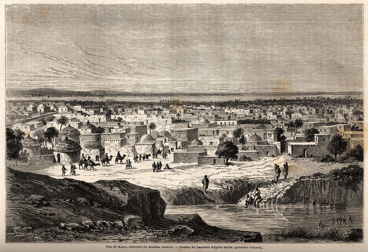 Utsikt over Kano (by og delstat nord for dagens Nigeria), lager i sentrale Sudan, tegning av Lancelot, for å illustrere reisen 1849-1855, til sentrum av Afrika til Dr. Henri Barth. Gravering i "" Le tour du monde, nouveau journal des voyages" av Dieudonne Auguste Lancelot