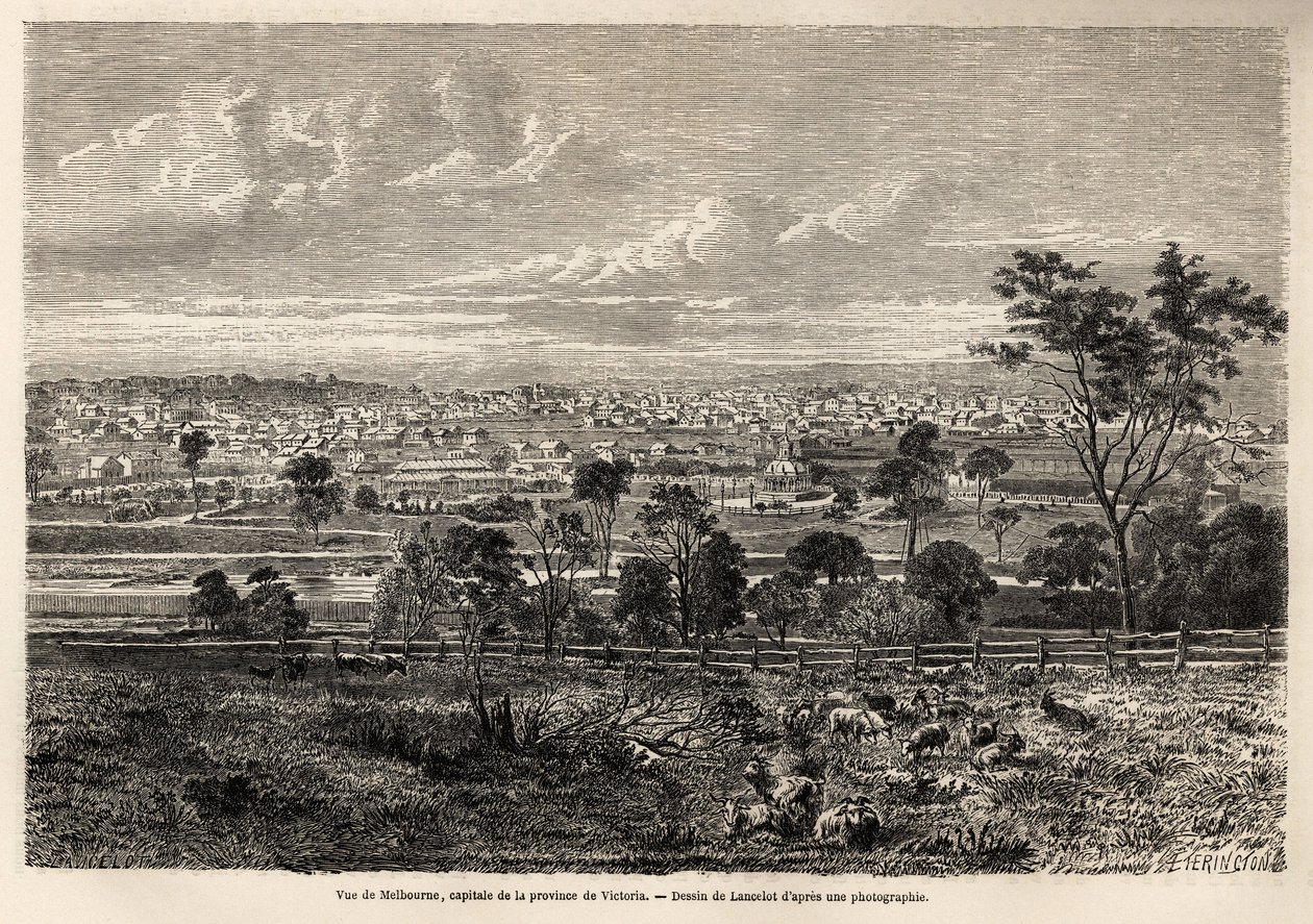 Utsikt over Melbourne (Australia), tegning av Lancelot, for å illustrere minnene om en fransk husokkupant i Australia, i 1854-1859, av M. de Castella. Gravering i “” Le tour du monde”” 1861. Selvas samling. av Dieudonne Auguste Lancelot