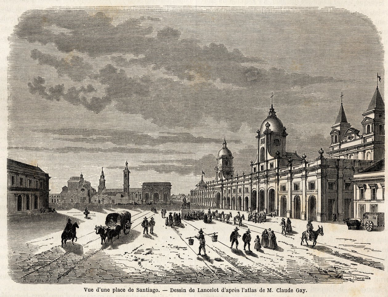 Utsikt over et torg i Santiago (Chile), tegning av Lancelot, for å illustrere reisen til Sør-Amerika, i 1823, av Giovanni Mastai Ferretti (1792-1878, fremtidig Pius IX). Gravering i "" Le tour du monde, nouveau journal des voyages"" Paris av Dieudonne Auguste Lancelot