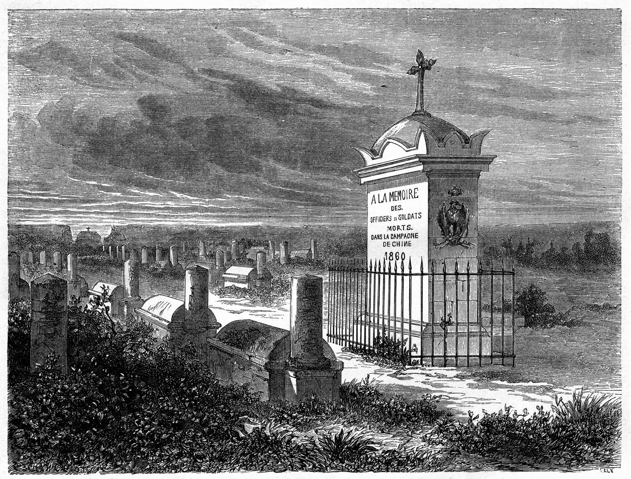 Utsikt over den franske kirkegården i Pekin (Beijing), Kina. Gravering etter en tegning av Lancelot, i "" Le Tour du Monde, Nouveau journal des Voyages", redigert av Edouard Charton, Paris av Dieudonne Auguste Lancelot