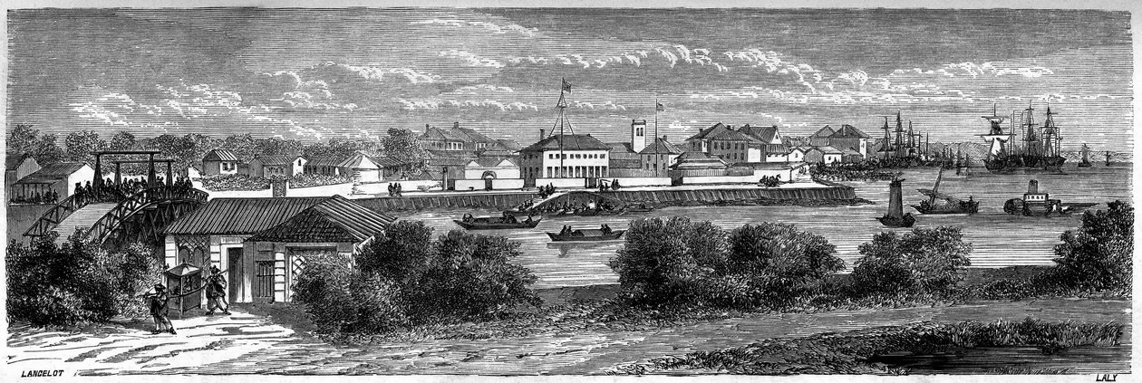 Utsikt over USAs konsesjon på Huangpu-elven i Shanghai i 1860, Kina. Gravering av Lancelot, i "" Le Tour du Monde, Nouveau journal des Voyages", redigert av Edouard Charton, Paris av Dieudonne Auguste Lancelot