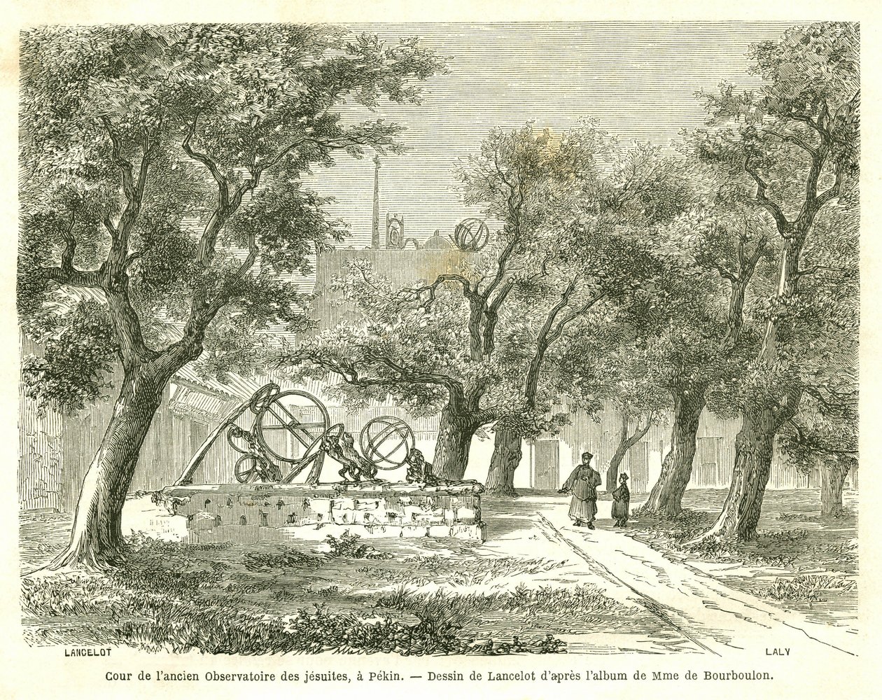 Utsikt over gårdsplassen til det tidligere jesuittobservatoriet i Pekin (Beijing), Kina. Gravering av Lancelot, i "" Le Tour du Monde, Nouveau journal des Voyages", redigert av Edouard Charton, Paris av Dieudonne Auguste Lancelot