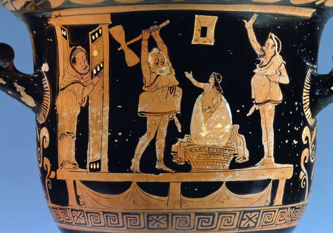 Klokkekrater med rød figur: dekorasjonsdetalj som viser en scene fra et skuespill, apulisk keramikkdetalj av 85027 av Dijon Painter