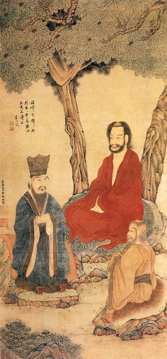 Confucius og Lao Tseu, Ming-dynastiet (blekk og farge på papir) av Ding Yunpeng