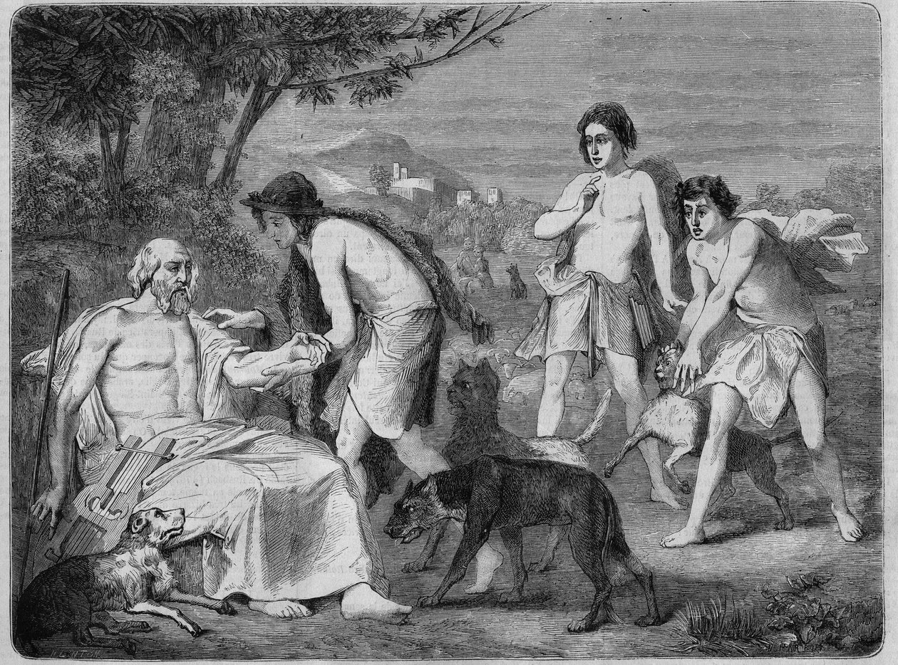 Homere in the island of Syros. Engraving from 1864, according to Maillard