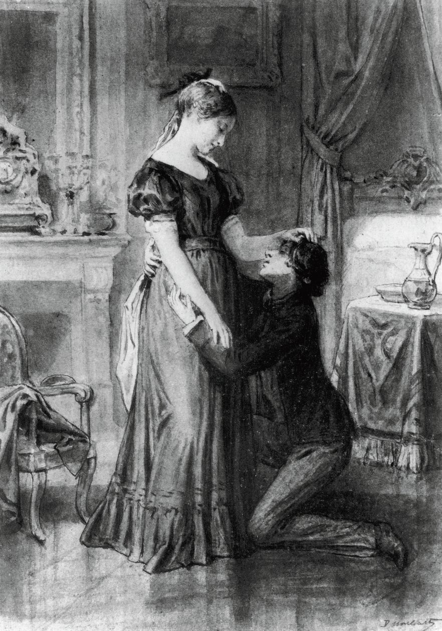 Illustrasjon for Confession of Child of Century, roman av Alfred de Musset (1810-1857), gravering etter tegning av Diogene Ulyssee Napoleon Maillart (1840-1926) av Diogene Ulysse Napoleon Maillart