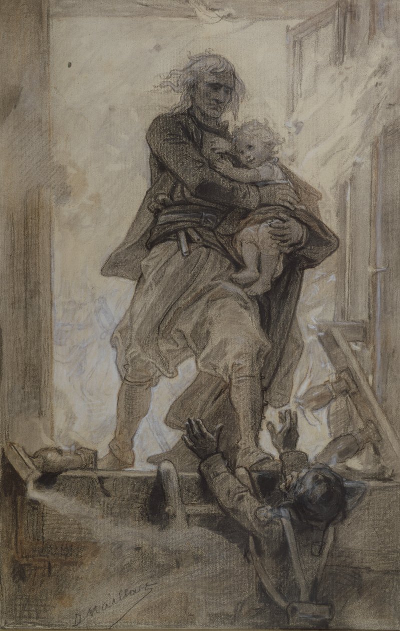 Markisen av Lantenac redder et barn, illustrasjon fra Quatre-vingt-treize av Victor Hugo (1802-85) (blyant, fargestift og gouache på papir) av Diogene Ulysse Napoleon Maillart