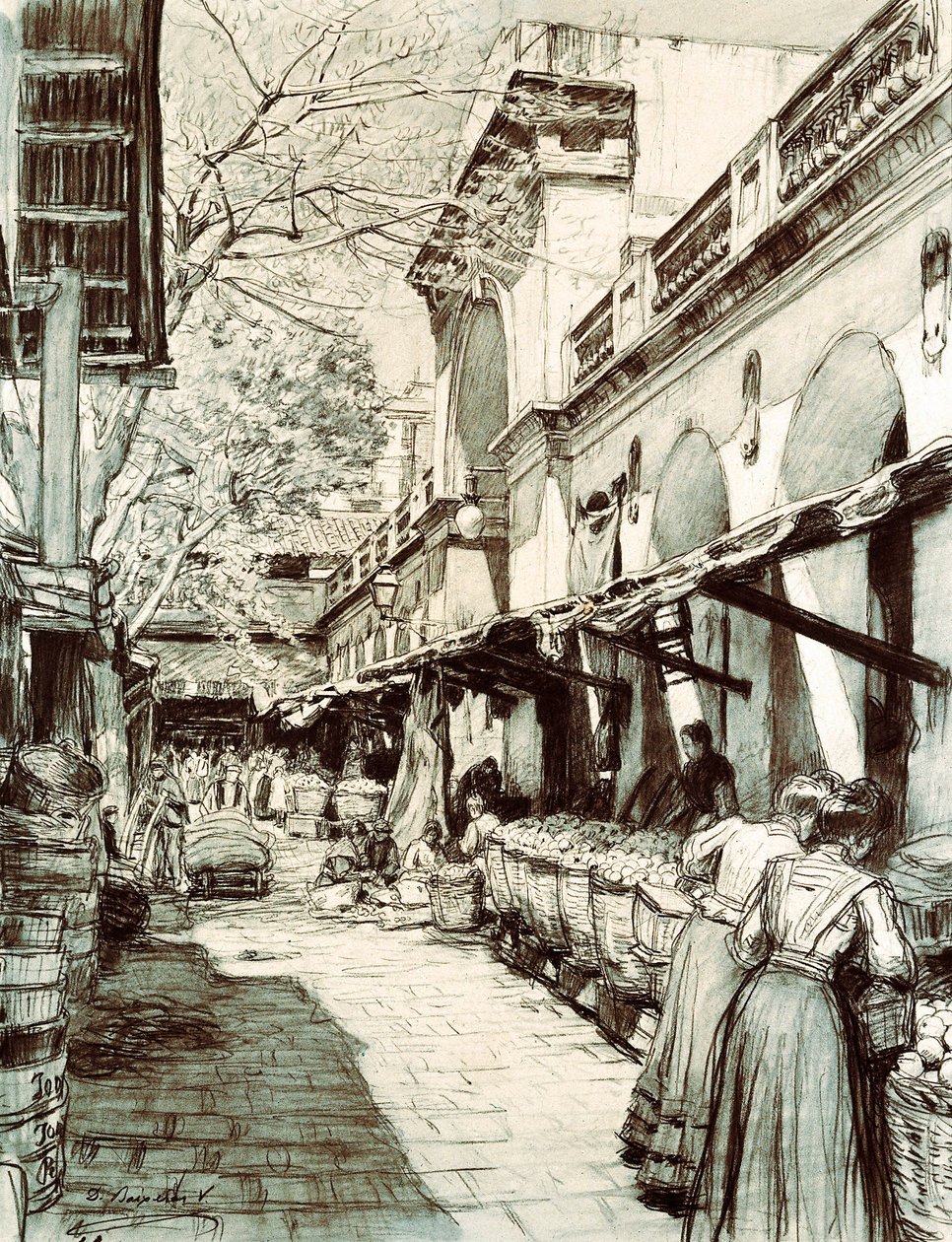 Torget til Saint Catherine-markedet i Barcelona (tegning) av Dionisio Baixeras Verdaguer