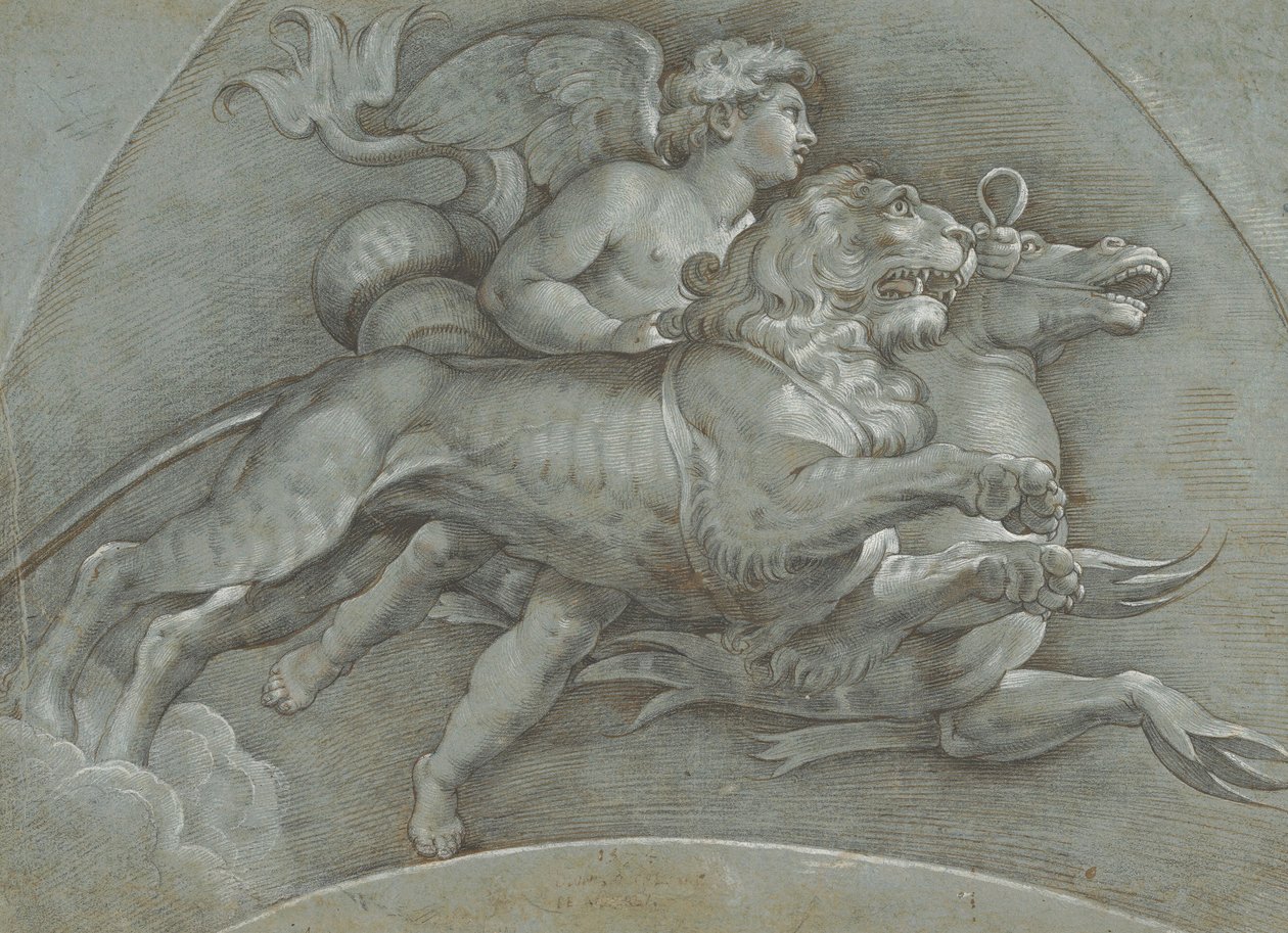 En bevinget Putto som rir på en sjøhest og en løve etter Raphael, verso..., 1574. av Dionisio Calvaert