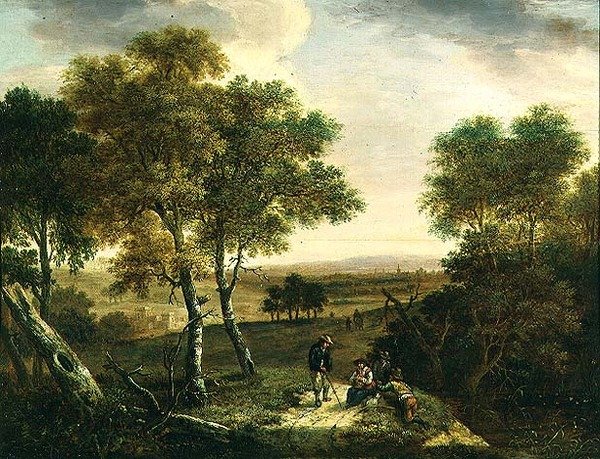Et omfattende skogkledd landskap med bønder ved en sti, en by bortenfor av Dionys Verburgh