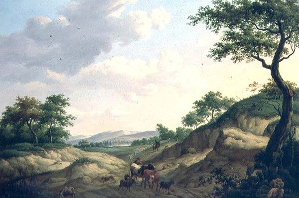 Et skogkledd landskap med gjetere og dyr på en stein av Dionys van Dongen