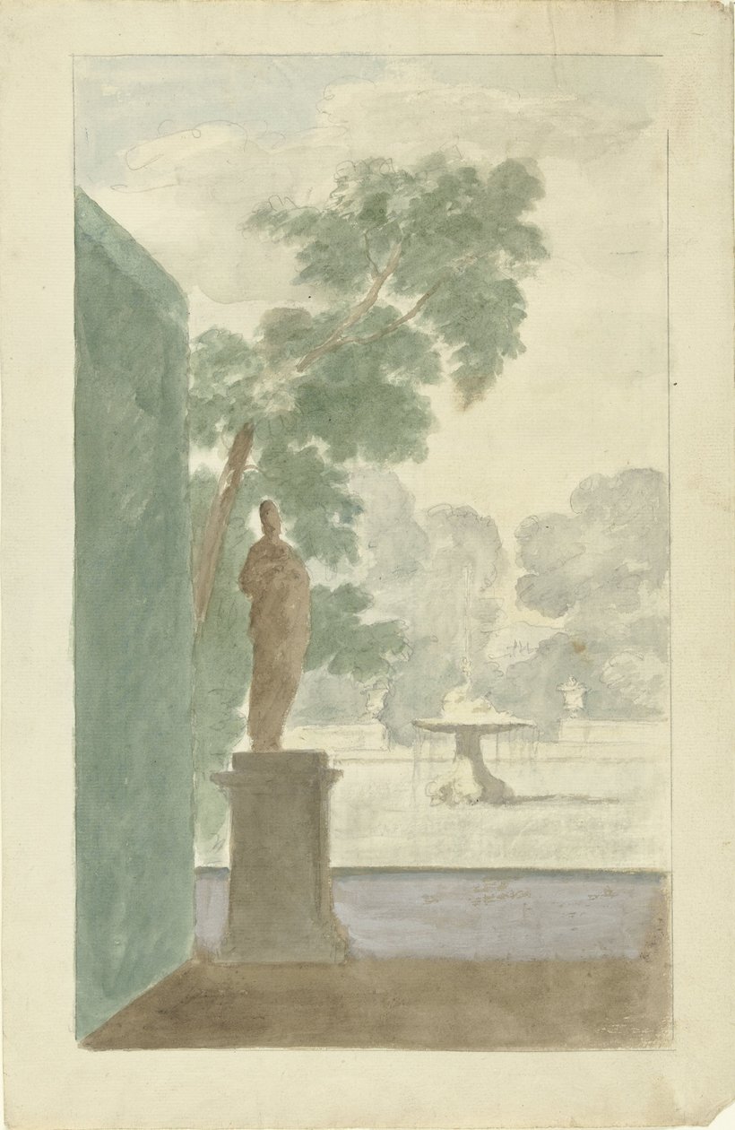 Design for en veggdekorasjon i en hall: Utsikt over en hage med statue, fontene og urner av Dionys van Nijmegen (possibly)