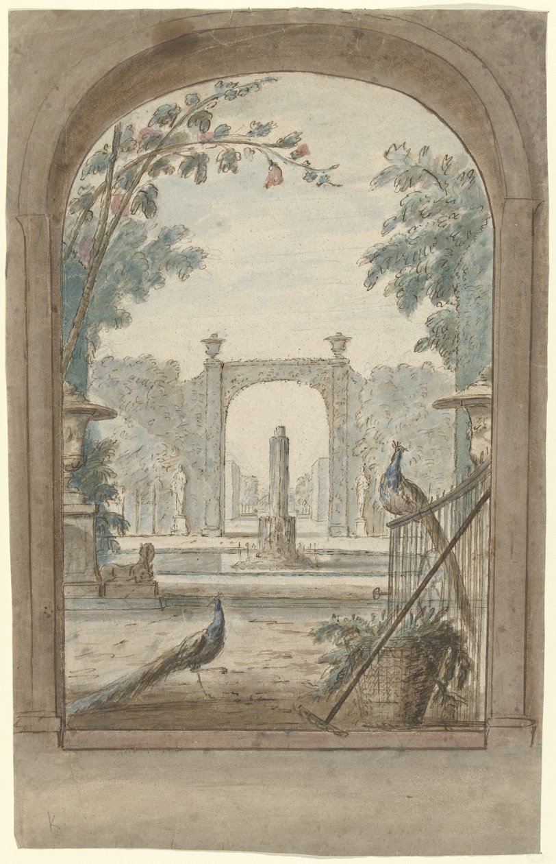 Design for et rommaleri med utsikt gjennom et gjerde på en hage, påfugler og hageredskaper av Dionys van Nijmegen (possibly)