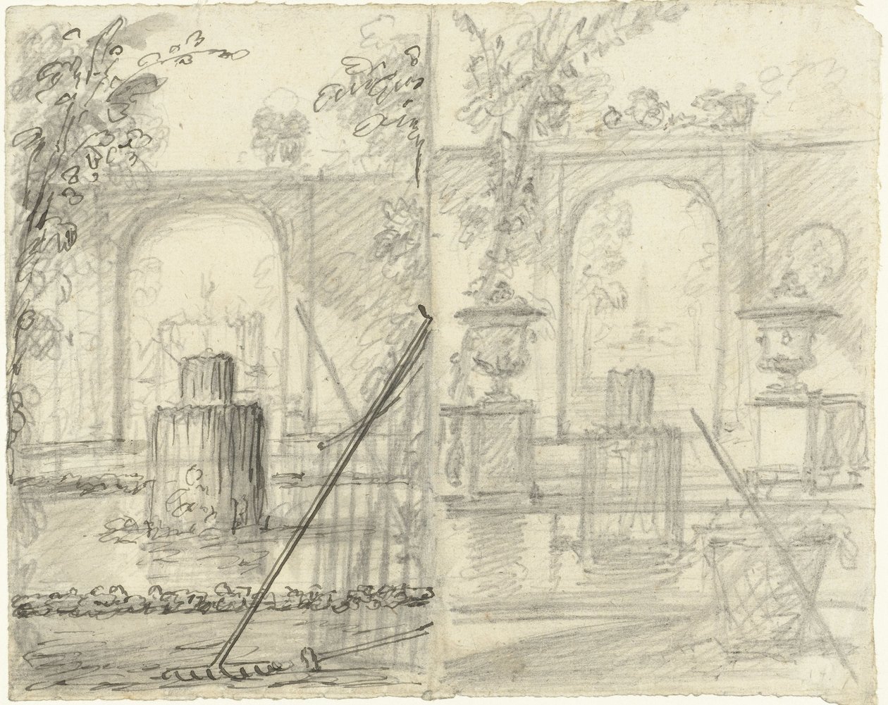 To design for hageutsikt med fontene og hageredskaper i forgrunnen av Dionys van Nijmegen (possibly)