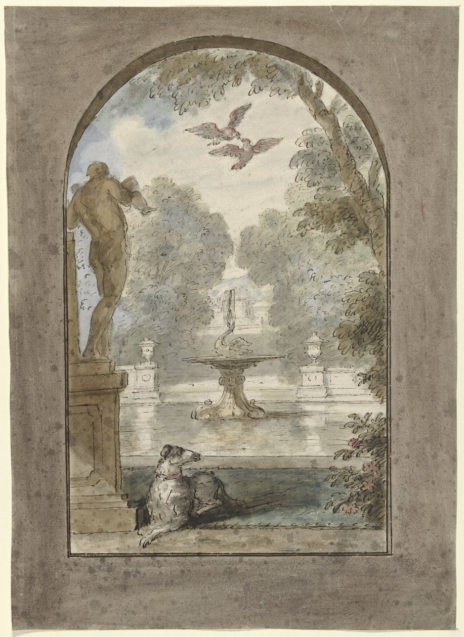Design for et rommaleri med et ansikt i en hage med en liggende hund, fontene og statue av Dionys van Nijmegen