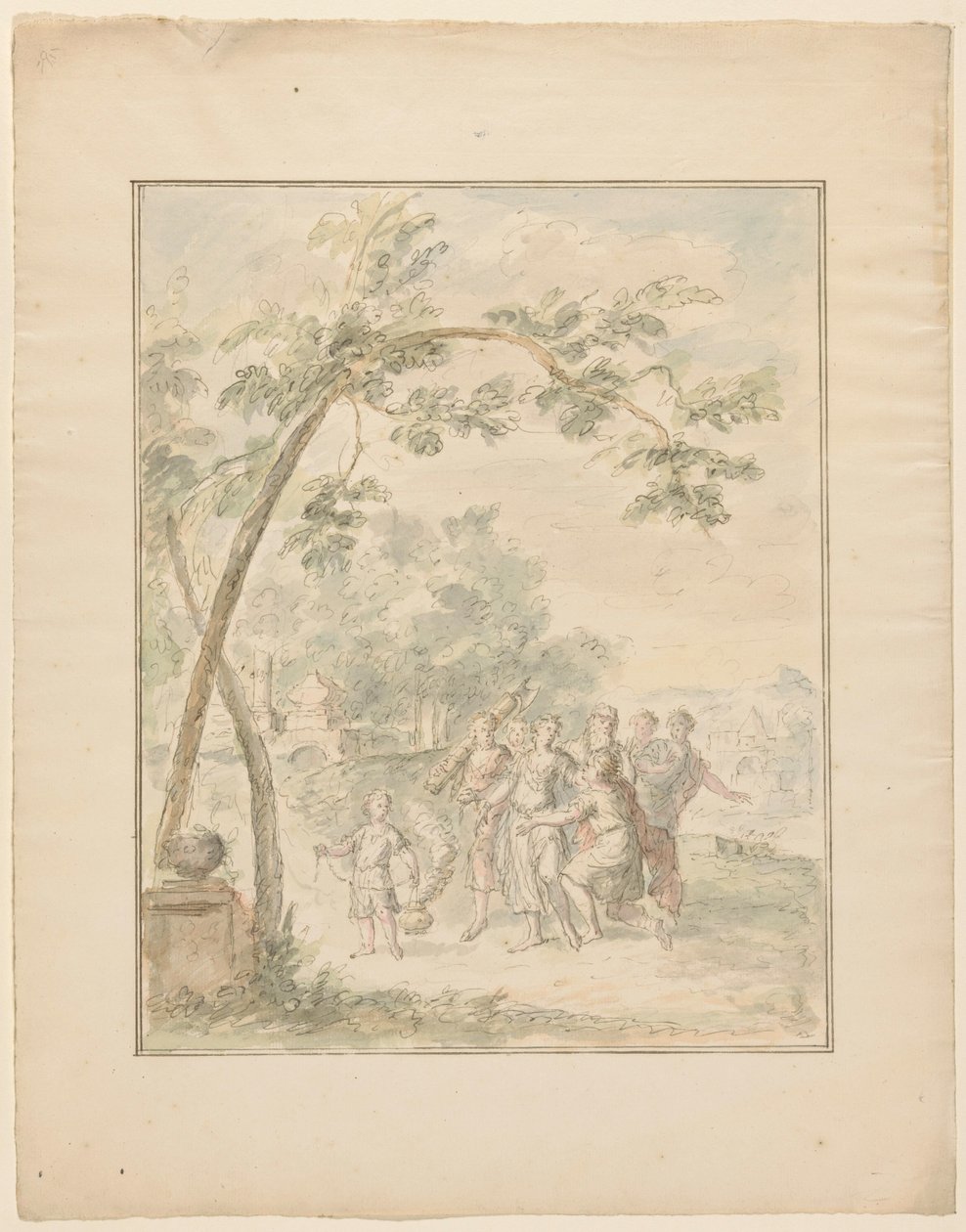 Design for et rommaleri av et landskap med en gruppe mennesker av Dionys van Nijmegen