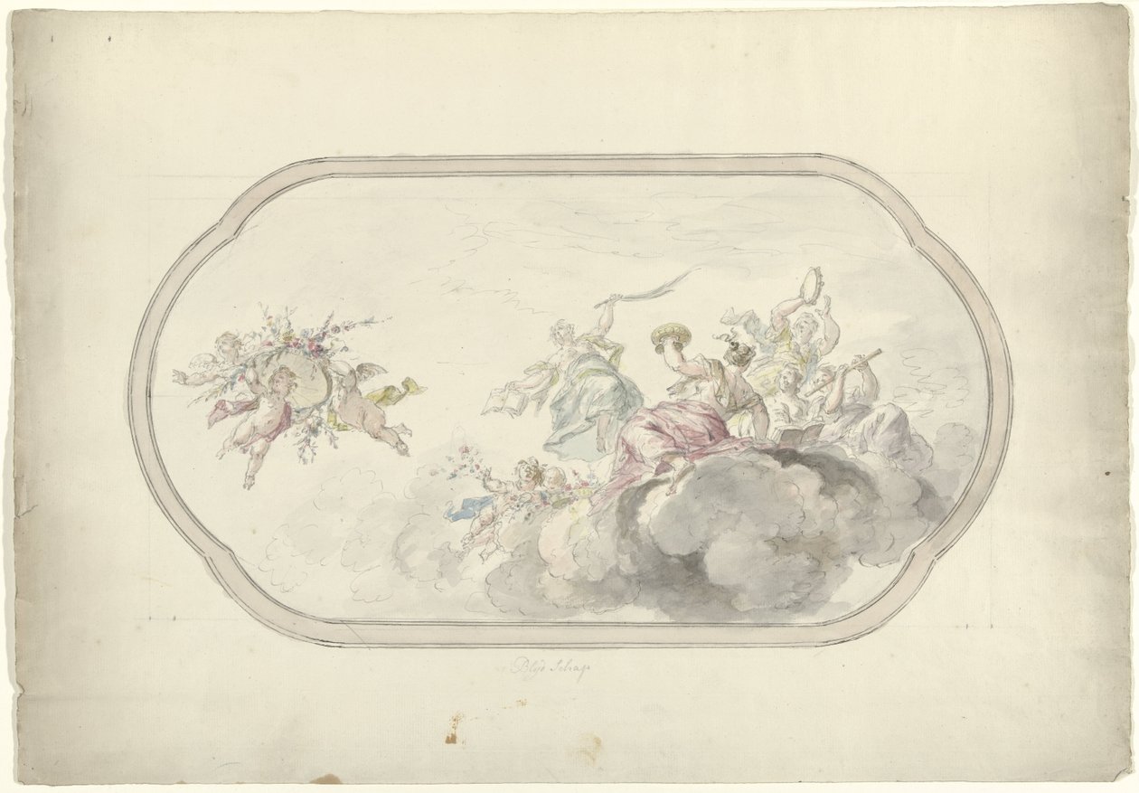 Design for et takmaleri med musikkskapende kvinner og putti med en blomsterkurv som allegori på Blijdschap av Dionys van Nijmegen