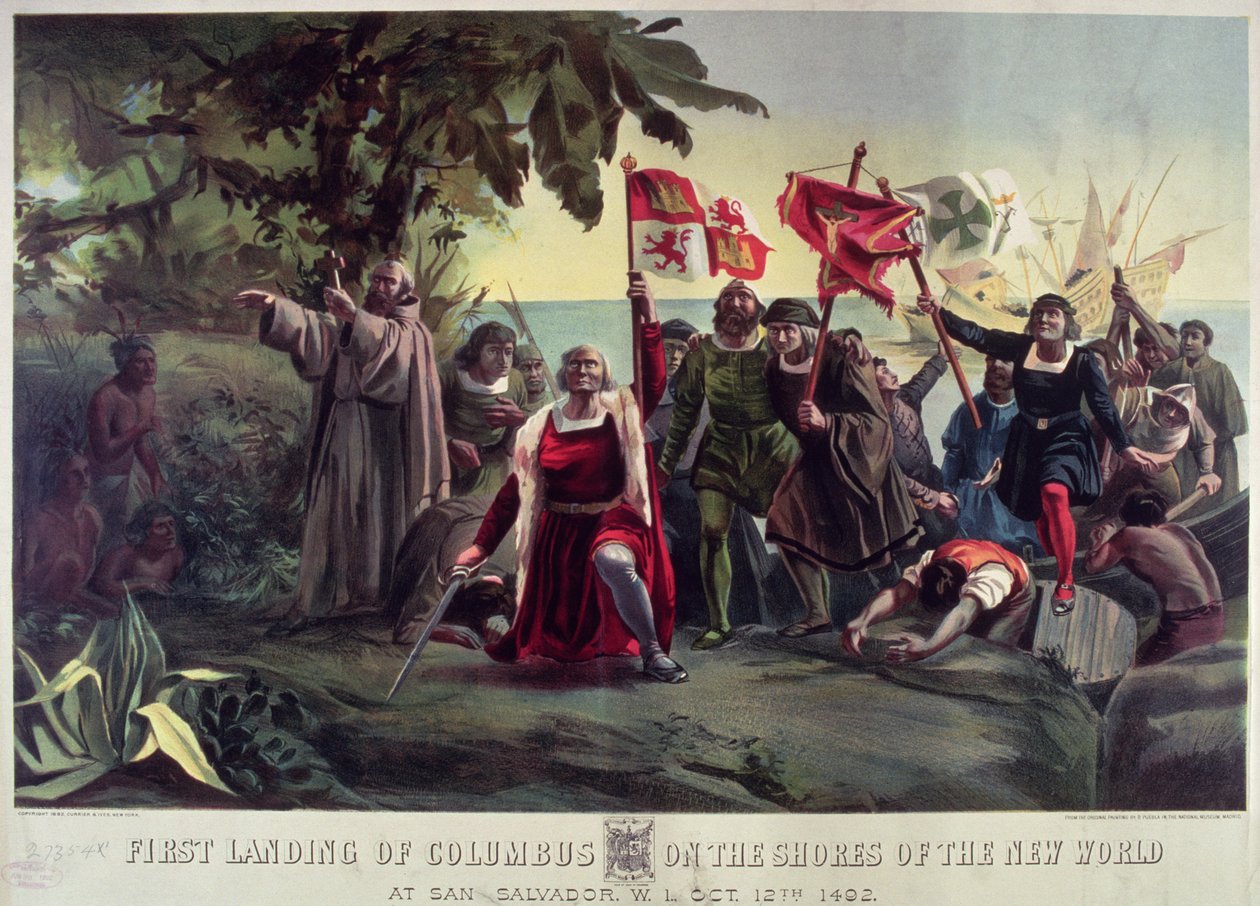 The First Landing of Columbus on the Shores of the New World i San Salvador, 12. oktober 1492, pub. av Currier og Ives av Dioscoro Teofilo Puebla Tolin