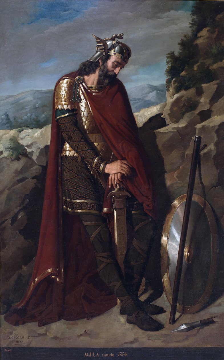 Portrett av vestgoternes konge Agila I av Spania (d. 555) (vestgoternes konge Agila eller Achila, Akhila, Aquila, Agil I) Maleri av Dioscoro Teofilo Puebla Tolin (1831-1901) 1856 Domstolspalasset, Madrid av Dioscoro Teofilo Puebla Tolin