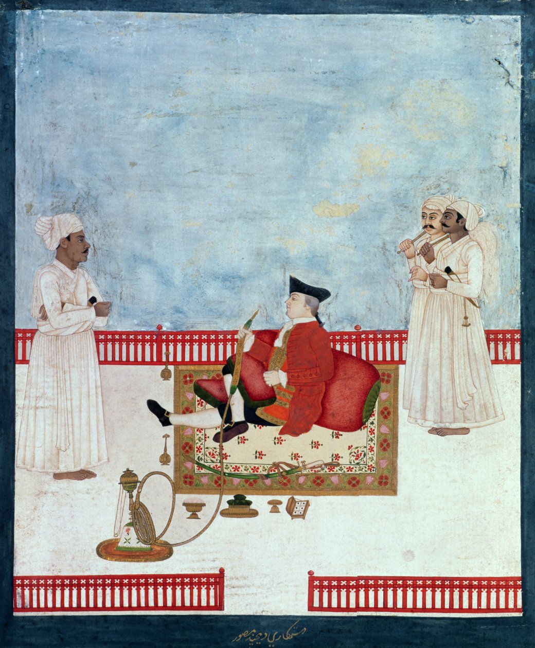 En europeer som sitter på en terrasse med ledsagere, ca. 1760-63 (indisk miniatyr) av Dip Chand