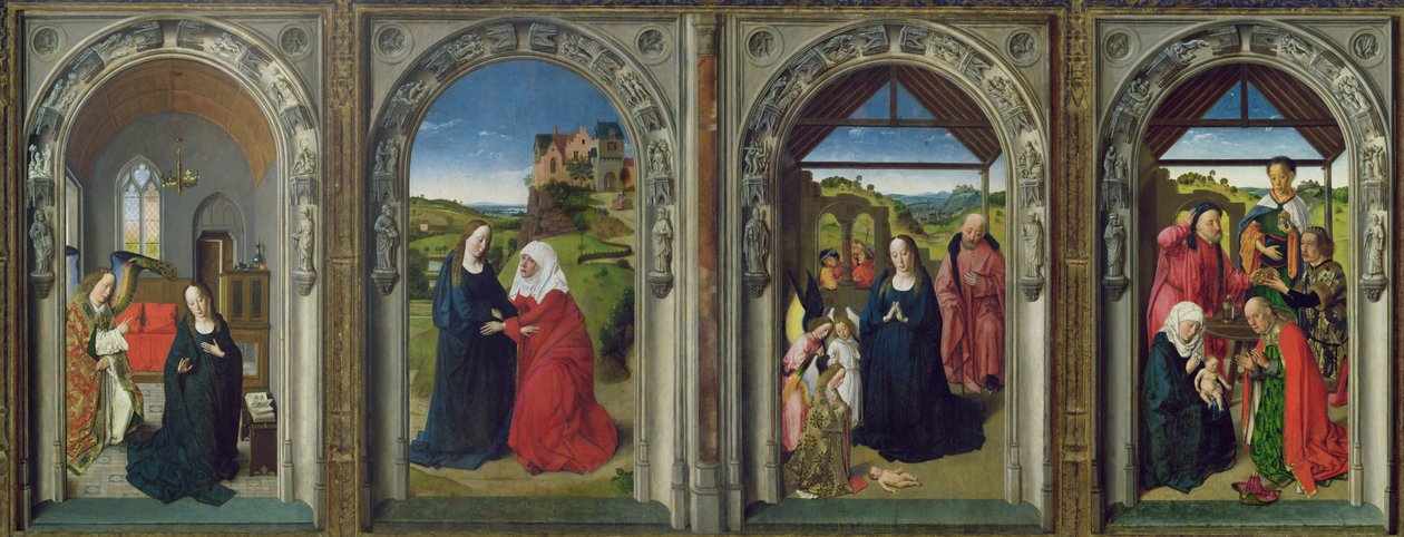 Triptyk som viser kunngjøringen, besøket, englenes tilbedelse og tilbedelsen av magiene, ca. 1445 (tempera på panel) av Dirck Bouts