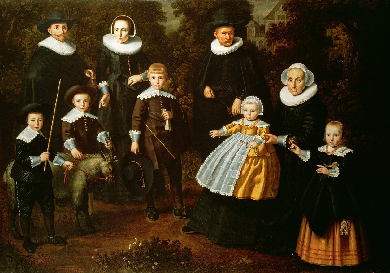 Gruppeportrett av tre generasjoner av en familie på eiendommen til et landsted av Dirck Santvoort