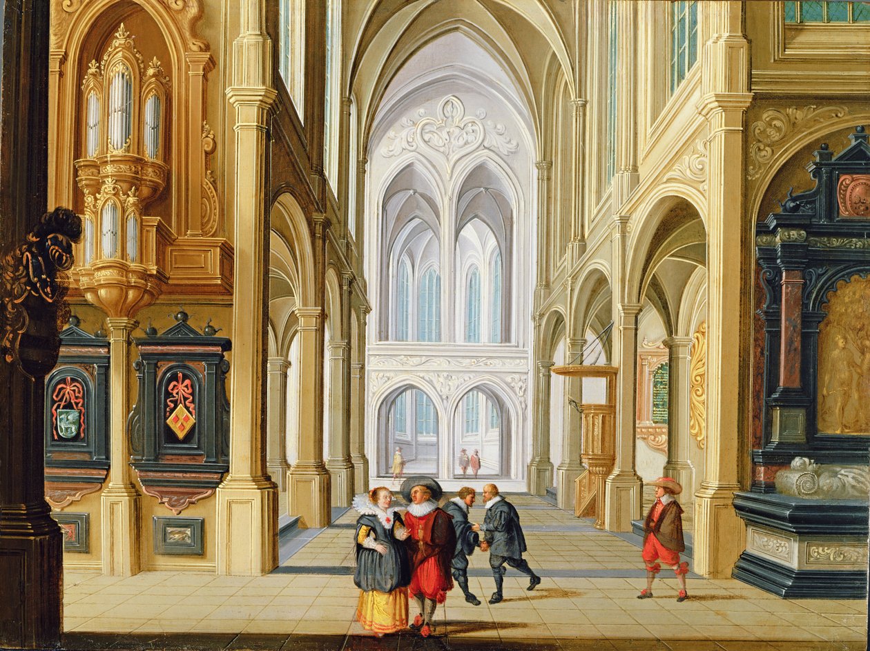 Elegante figurer i en gotisk kirke av Dirck van Deelen