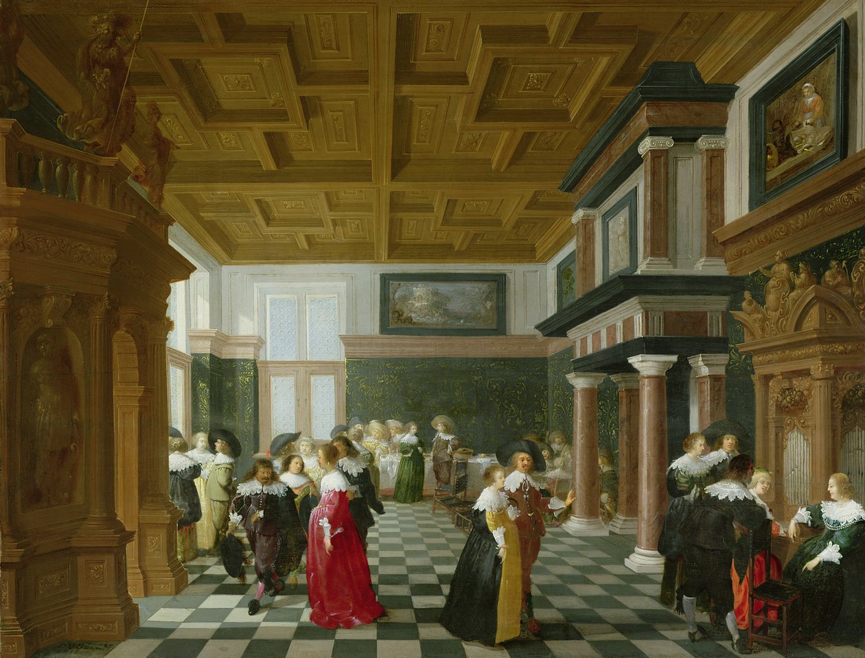 Elegante figurer som danser i et interiør av Dirck van Delen