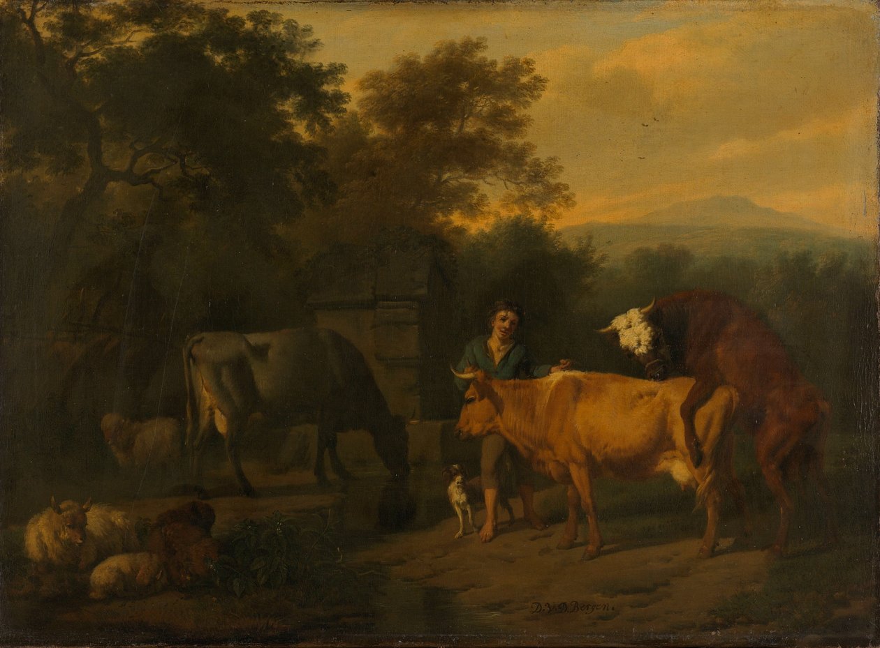 Landskap med gjeter og storfe av Dirck van der Bergen