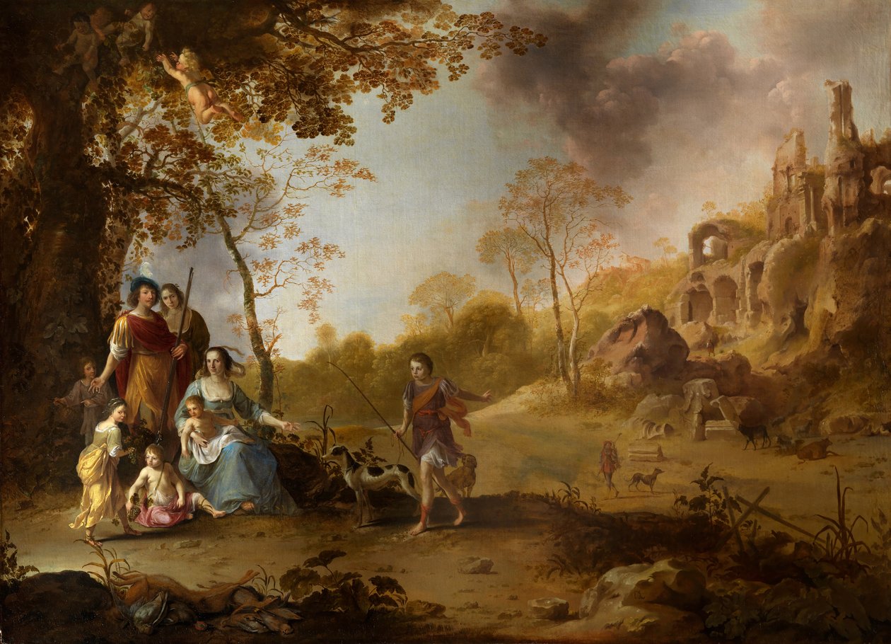 Et allegorisk familieportrett i et landskap av Dirck van der Lisse