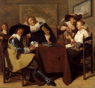 En elegant kortfest (olje på panel) av Dirck (attr. to) Hals