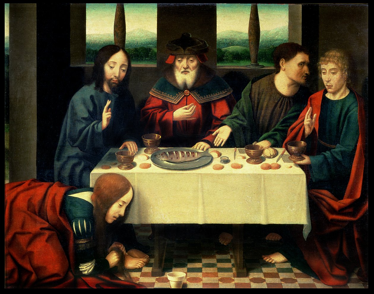 Kristus i fariseeren Simons hus (olje på panel) av Dirck (follower of) Bouts