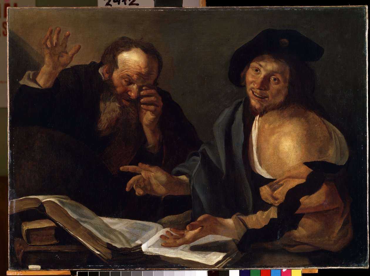 """"Heraklit og Demokrit"" De greske filosofene Heraklit fra Efesos (Heraklit) (535-475 f.Kr.) og Demokrit (Demokrit) (460-370 f.Kr.). Maleri av Theodore van Baburen (Dirk Baburen) (1570/90-1623/4) Mikalo Fine Arts Museum fra 1600-tallet av Dirck Baburen van