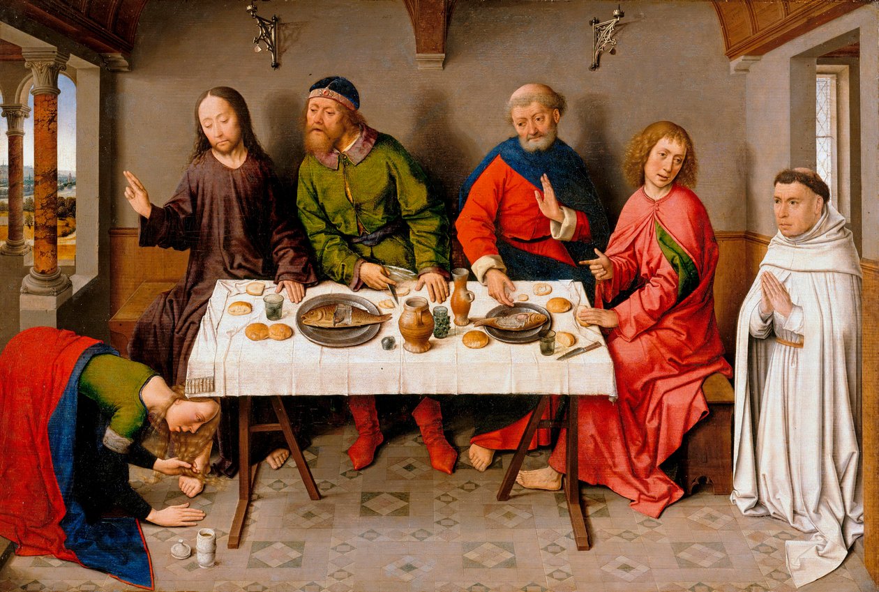 "Christ at Simon the Pharisee" (Christ in the House of Simon the Pharisee) Maria Magdalena sender salve på Jesu føtter - Maleri av Dirk (Dieric) Bouts, dit le Vieux (1410/20-1475) , ca 1450 - Olje på tre, 40,5x61 - Staatliche Museen, Berl av Dirck Bouts