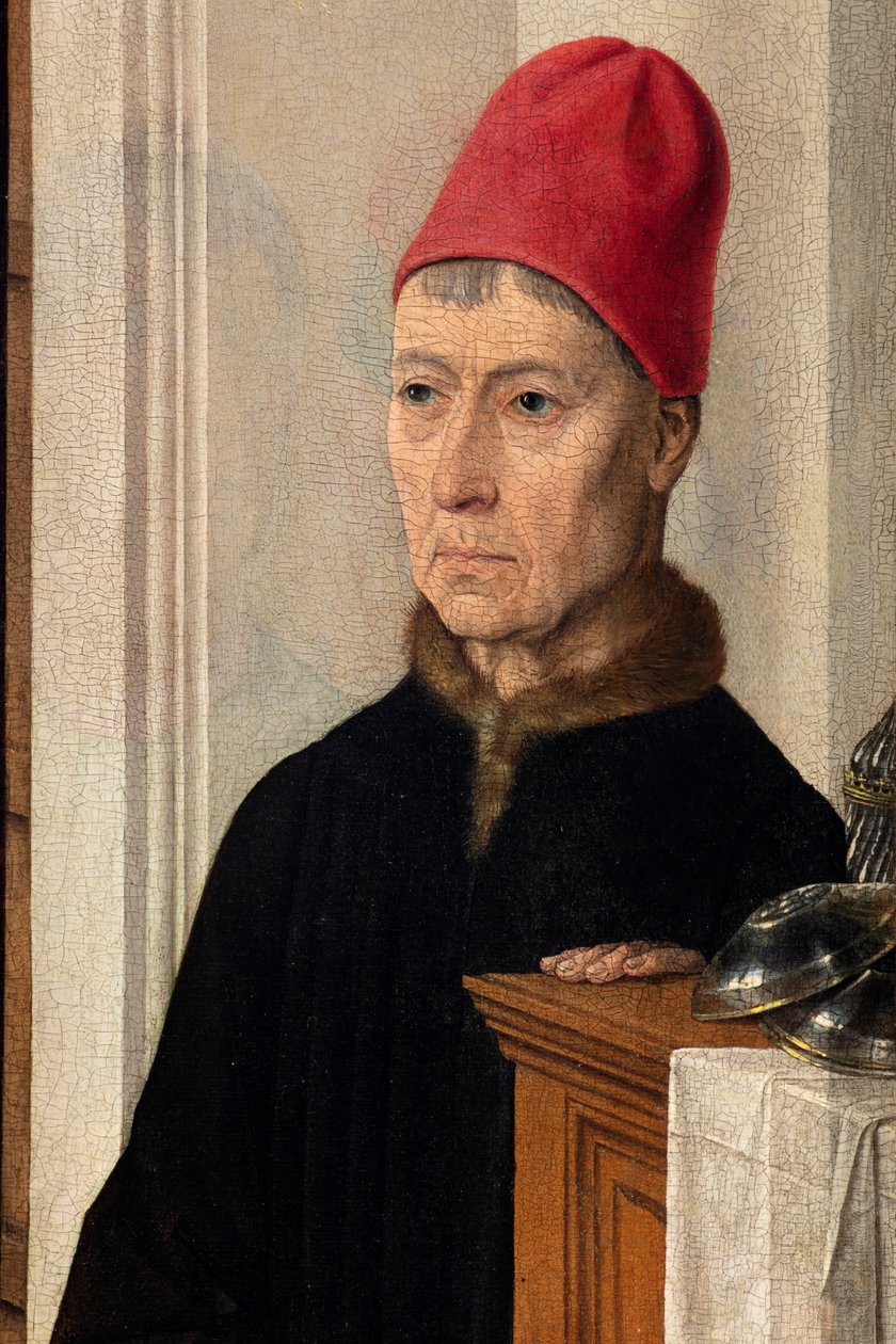 Sognekirke (Saint Peter Parish Church). maleri. Siste måltid. Dirk Bouts. 1464-1468. Detalj. sentralpanel. av Dirck Bouts