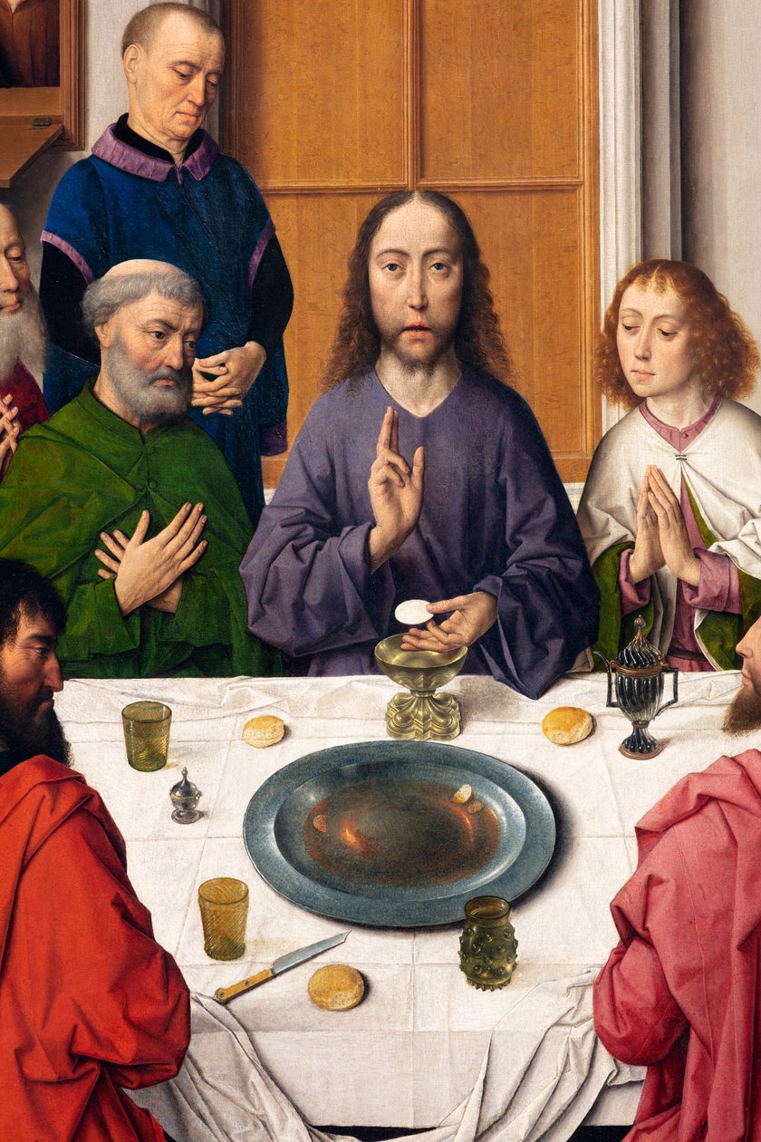 Sognekirke (Saint Peter Parish Church). maleri. Siste måltid. Dirk Bouts. 1464-1468. Detalj. Sentralt panel. av Dirck Bouts