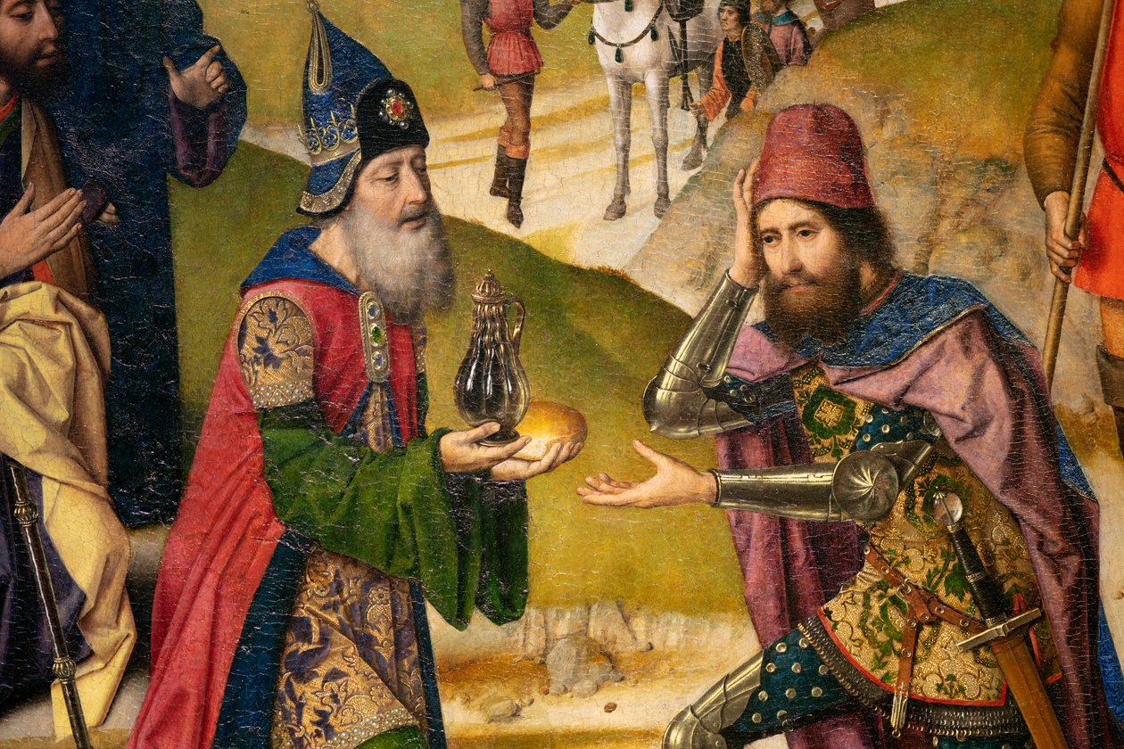 Sognekirke (Sankt Peters menighetskirke). Maleri. Siste måltid. Dirk Bolts. 1464-1468. Detalj. Venstre panel. av Dirck Bouts