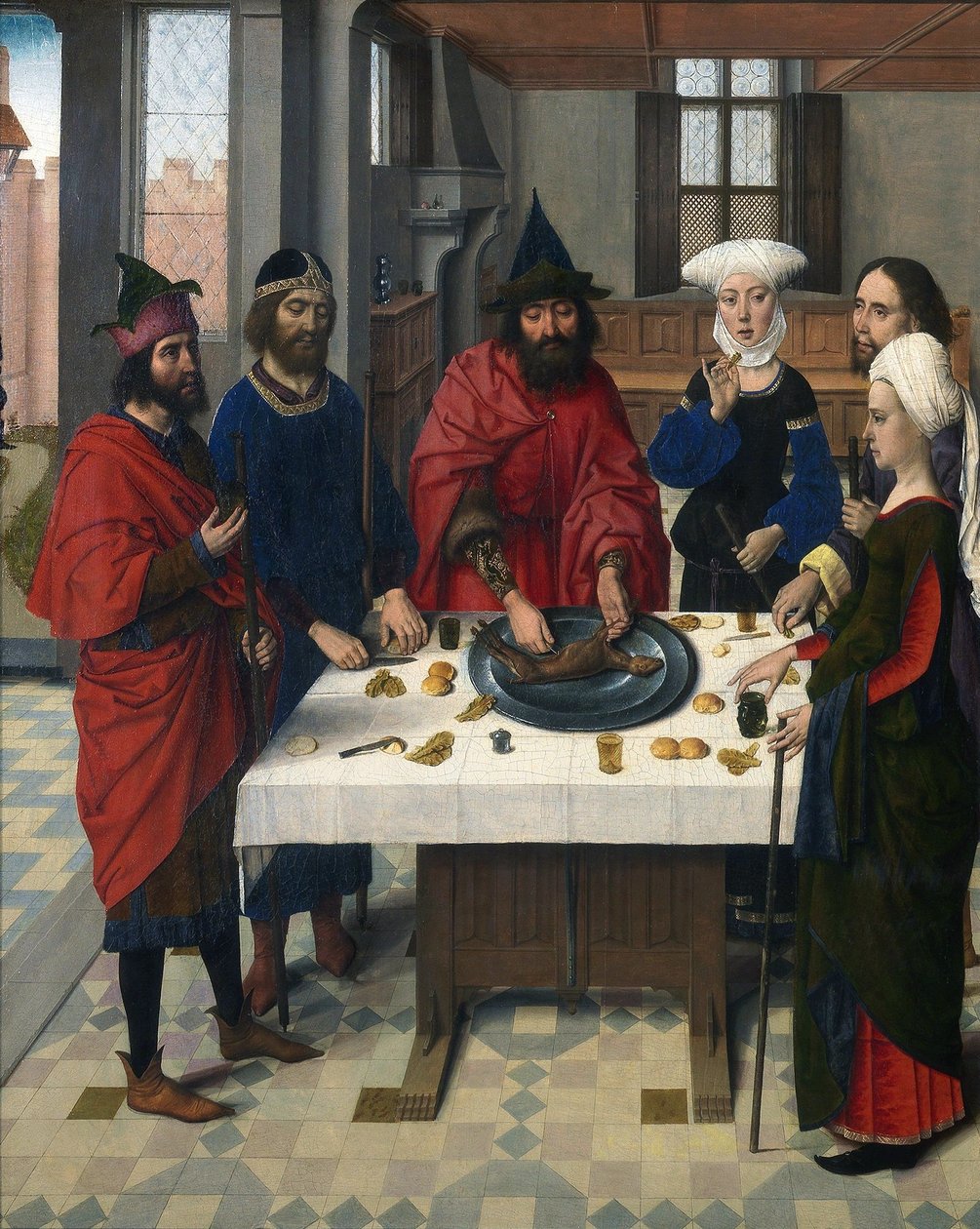 Altertavle av det hellige sakramentet: Detalj av venstre panel som representerer den jødiske påsken. Maleri på tre av Dirck (Dieric, Dirk) Bouts le Vieux (den eldste) (1410-1475) av Dirck Bouts