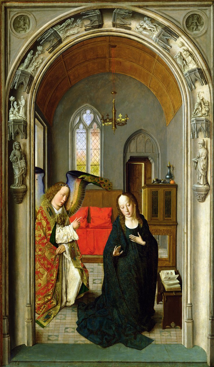 The Annunciation, c.1445 olje på panel detalj av 36895 av Dirck Bouts