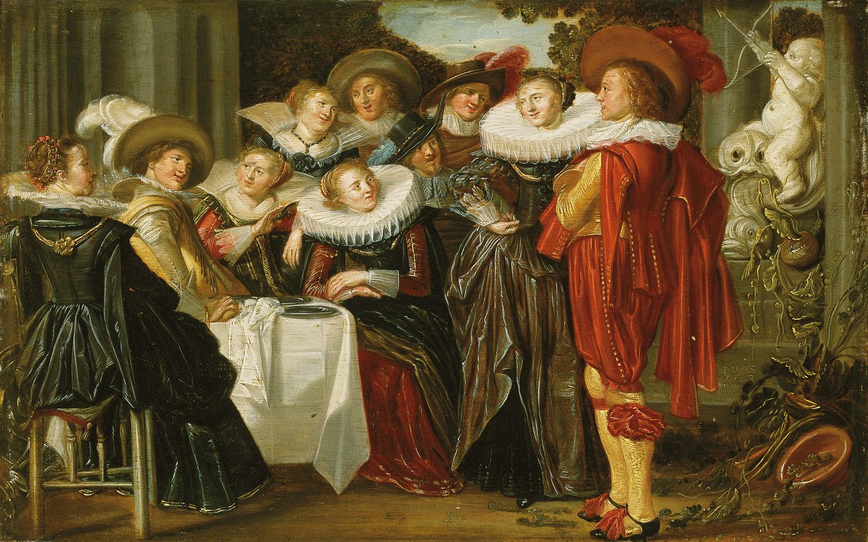 Et elegant selskap som spiser lunsj på en terrasse, 1623 av Dirck Hals