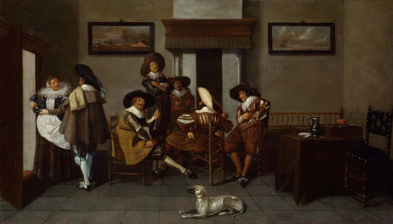 Dirck-hals, elegant kl. Menn og en hushjelp av Dirck Hals
